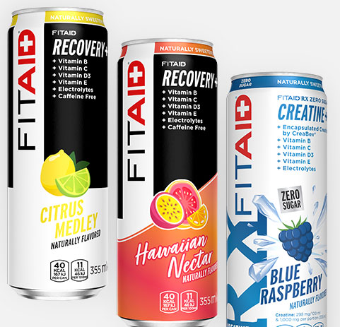Cans of FITAID Citrus Medley, FITAID Hawaiian Nectar, FITAID RX Zero Blue Raspberry
